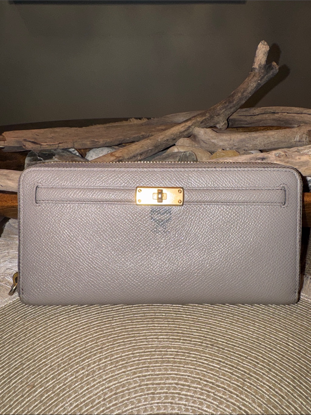 Mcm Taupe Leather Zip Wallet With Gold Hardware